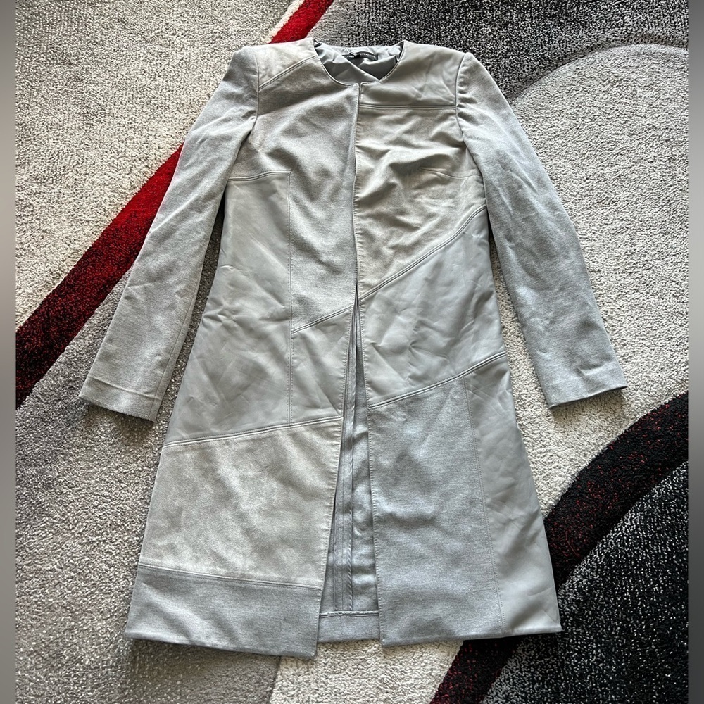 White House Black Market Gray Faux Leather Long Coat